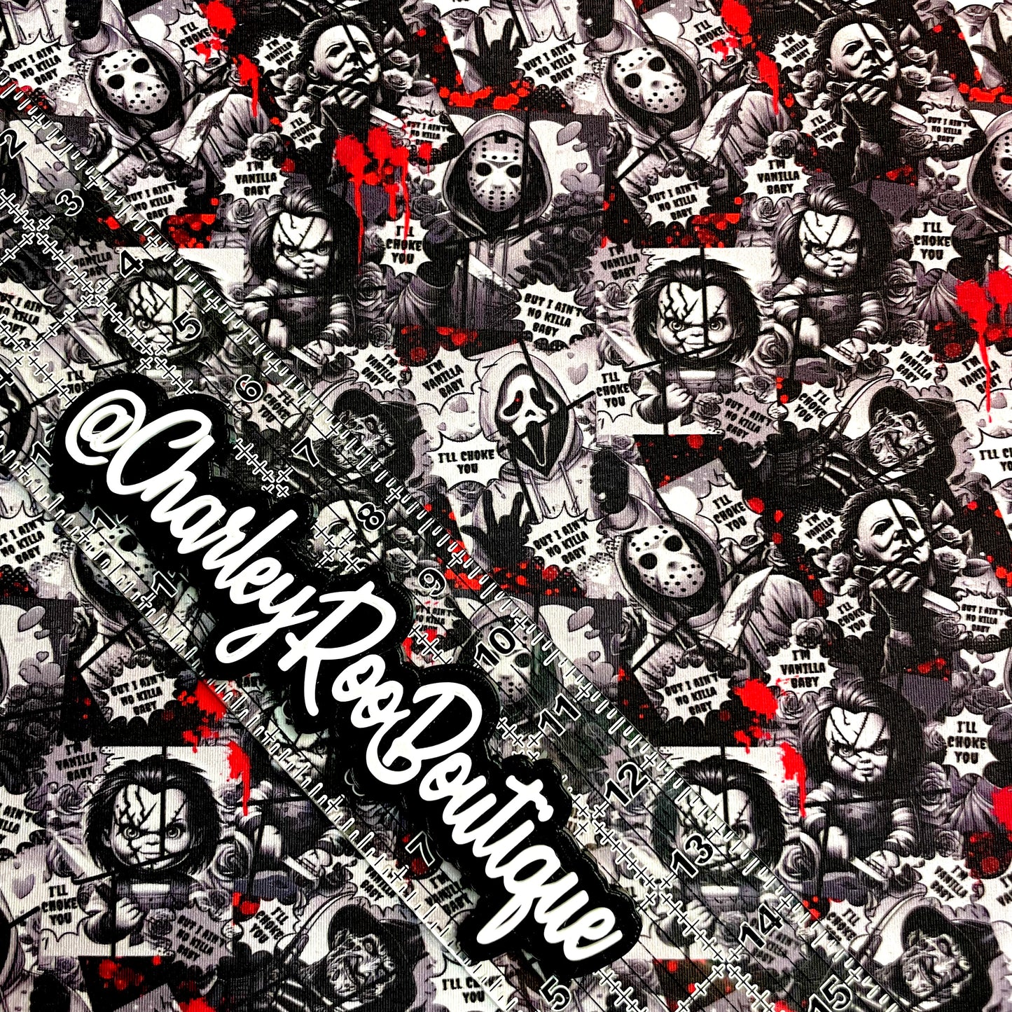 Exclusive, 9x14 Tumbler Cut, Custom Fabric, CottonSpandex, High Quality, Tumbler Fabric, Horror, Vanilla Baby, Black & White with Blood Splatter