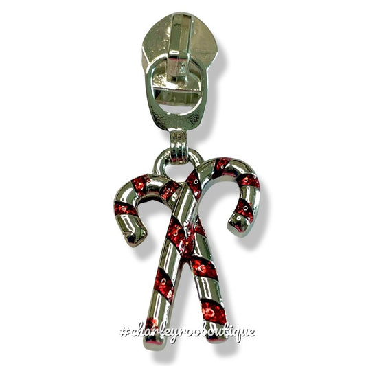 Zipper Pull, Candy Canes, Antique Silver and Red Glitter