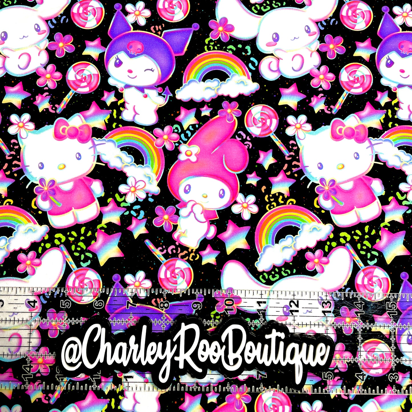 9x14 Tumbler Cut, Custom Fabric, CottonSpandex, High Quality, Mask Cut, Tumbler Fabric, Kitty, Sanrio Candy Cuties on Black