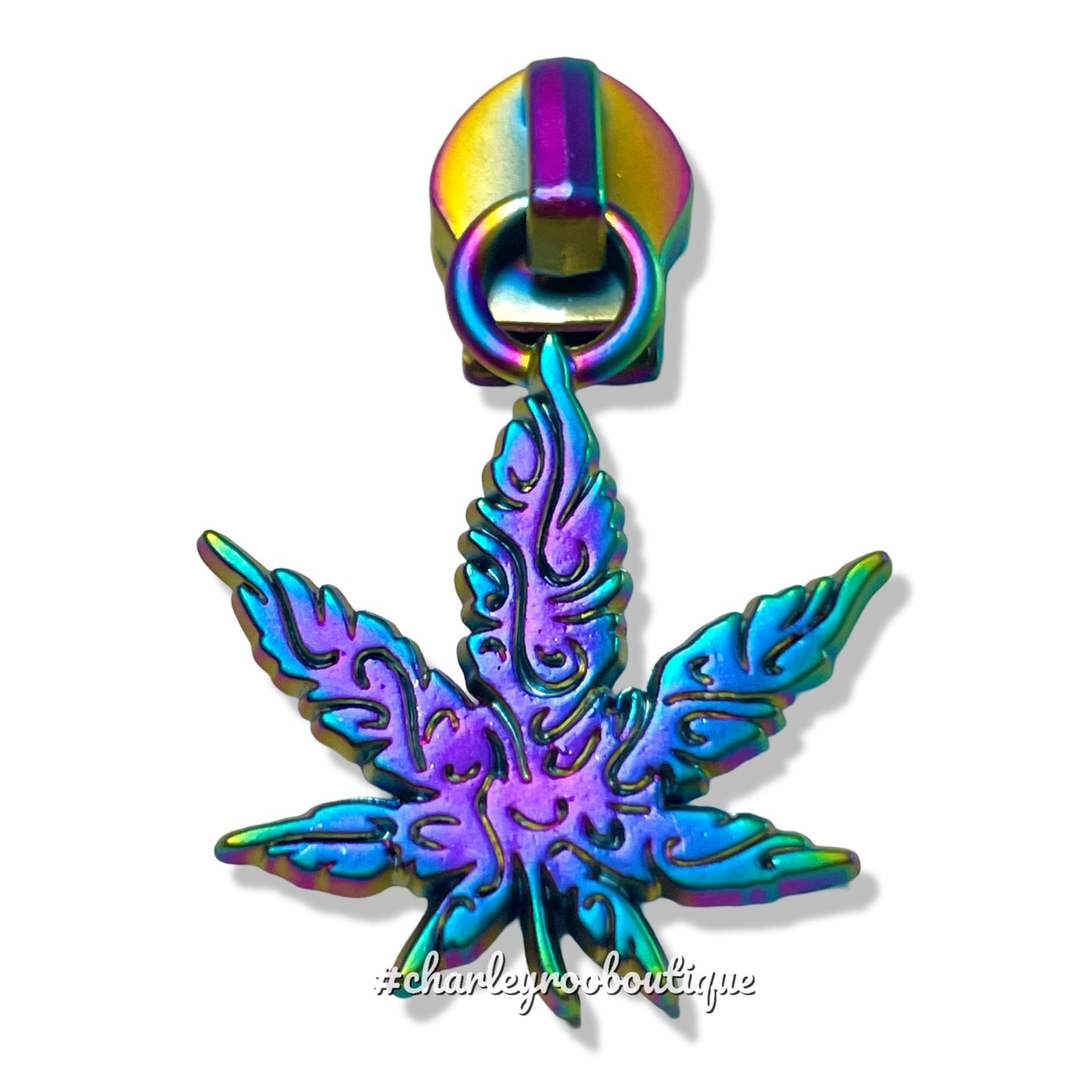 Zipper Pull, Intricate Pot Leaf, 420, Matte Rainbow