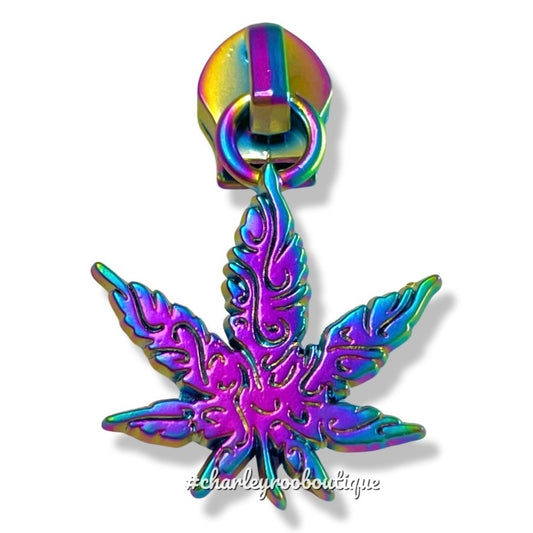 Zipper Pull, Intricate Pot Leaf, 420, Matte Rainbow