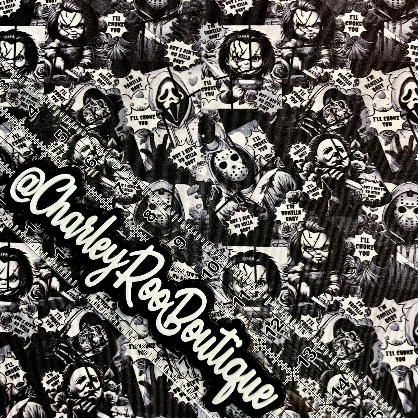 Exclusive, 9x14 Tumbler Cut, Custom Fabric, CottonSpandex, High Quality, Tumbler Fabric, Horror, Vanilla Baby, Black & White