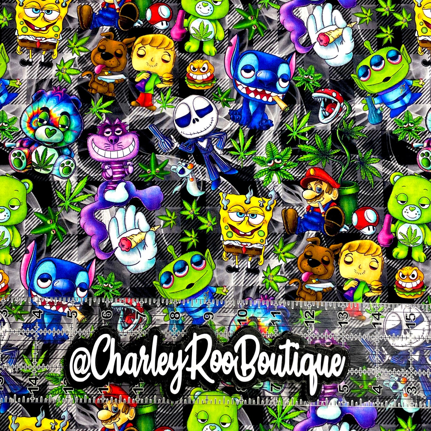 9x14 Tumbler Cut, Custom Fabric, CottonSpandex, High Quality, Mask Cut, Tumbler Fabric, Weed, Smokey Plaid, Stoner Toons