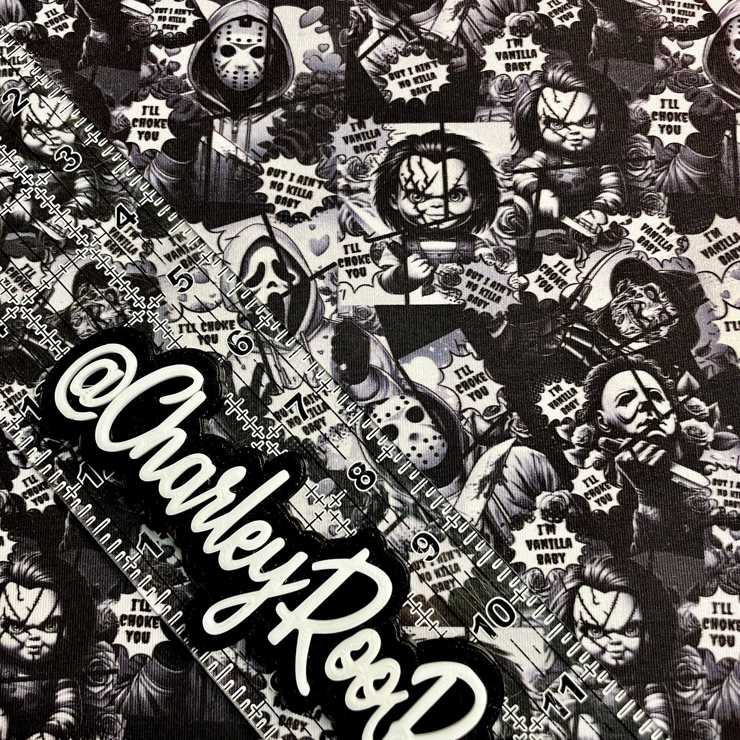 Exclusive, 9x14 Tumbler Cut, Custom Fabric, CottonSpandex, High Quality, Tumbler Fabric, Horror, Vanilla Baby, Black & White