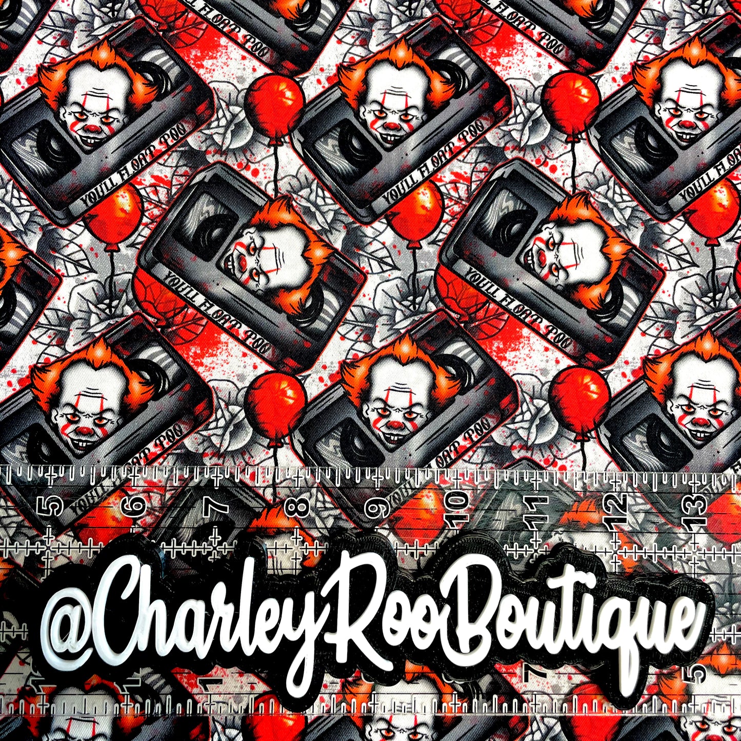 9x14 Tumbler Cut, Custom Fabric, CW Cotton Woven, High Quality, Tumbler Fabric, Halloween, Horror Clown, You’ll Float Too Tapes