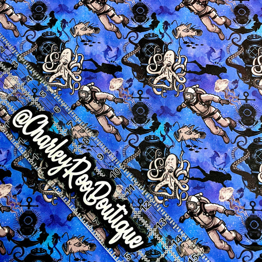 Exclusive, 9x14 Tumbler Cut, Custom Fabric, CW Cotton Woven, High Quality, Tumbler Fabric, Octopus, Deep Sea Diver