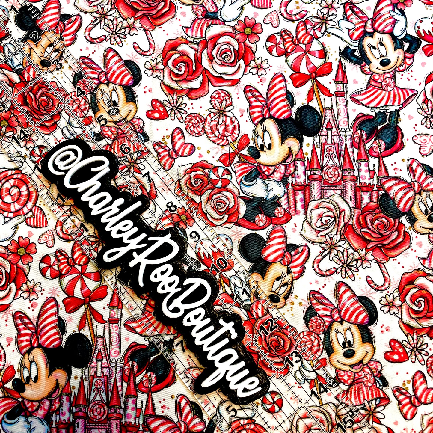 9x14 Tumbler Cut, Custom Fabric, CW Cotton Woven, High Quality, Mask Cut, Tumbler Fabric, Christmas, Xmas, Peppermint Minnie with Castles