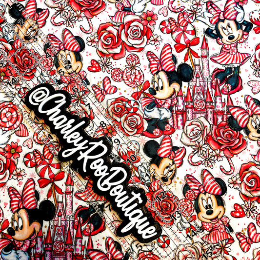 9x14 Tumbler Cut, Custom Fabric, CW Cotton Woven, High Quality, Mask Cut, Tumbler Fabric, Christmas, Xmas, Peppermint Minnie with Castles