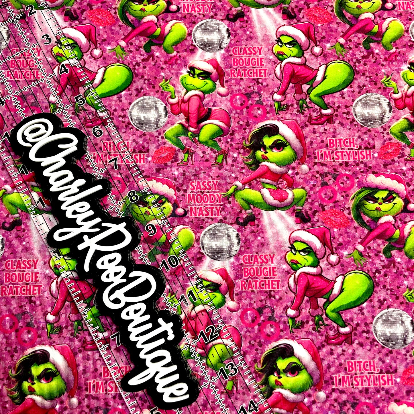 Exclusive, 9x14 Tumbler Cut, Custom Fabric, CottonSpandex, High Quality, Tumbler Fabric, Bougie Grinch Girl, Disco