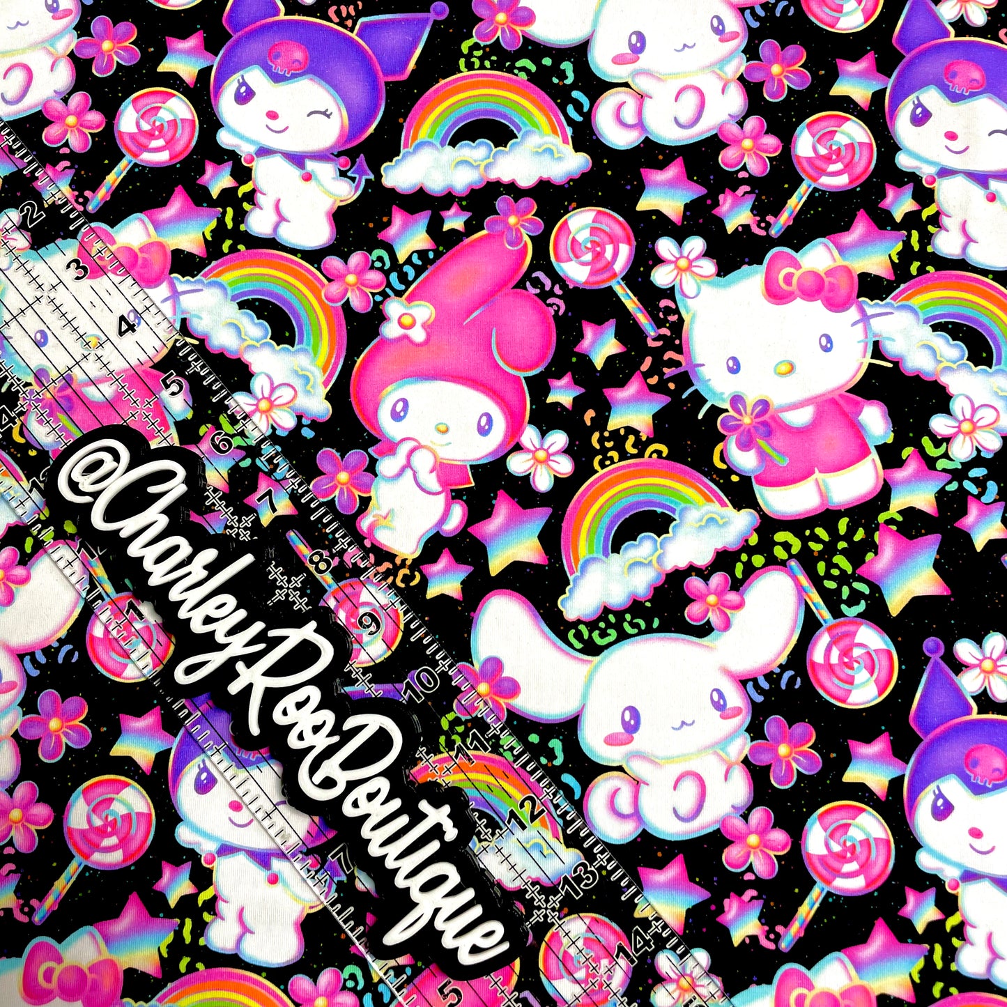 9x14 Tumbler Cut, Custom Fabric, CottonSpandex, High Quality, Mask Cut, Tumbler Fabric, Kitty, Sanrio Candy Cuties on Black