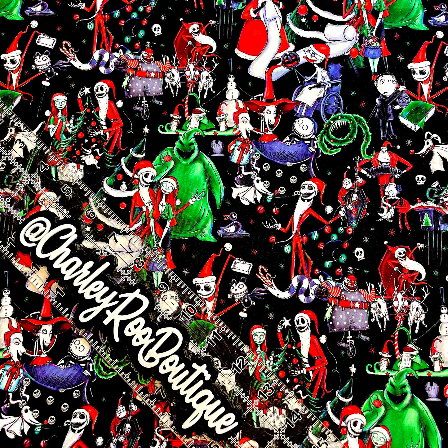 9x14 Tumbler Cut, Custom Fabric, CottonSpandex, High Quality, Mask Cut, Tumbler Fabric, Halloween, Christmas Town on Black, NBC