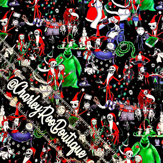 9x14 Tumbler Cut, Custom Fabric, CottonSpandex, High Quality, Mask Cut, Tumbler Fabric, Halloween, Christmas Town on Black, NBC