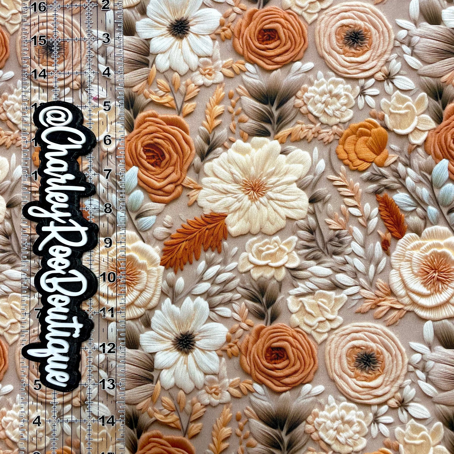 9x14 Tumbler Cut, Custom Fabric, CW Cotton Woven, High Quality, Tumbler Fabric, Neutral Flowers, Faux Embroidery Floral