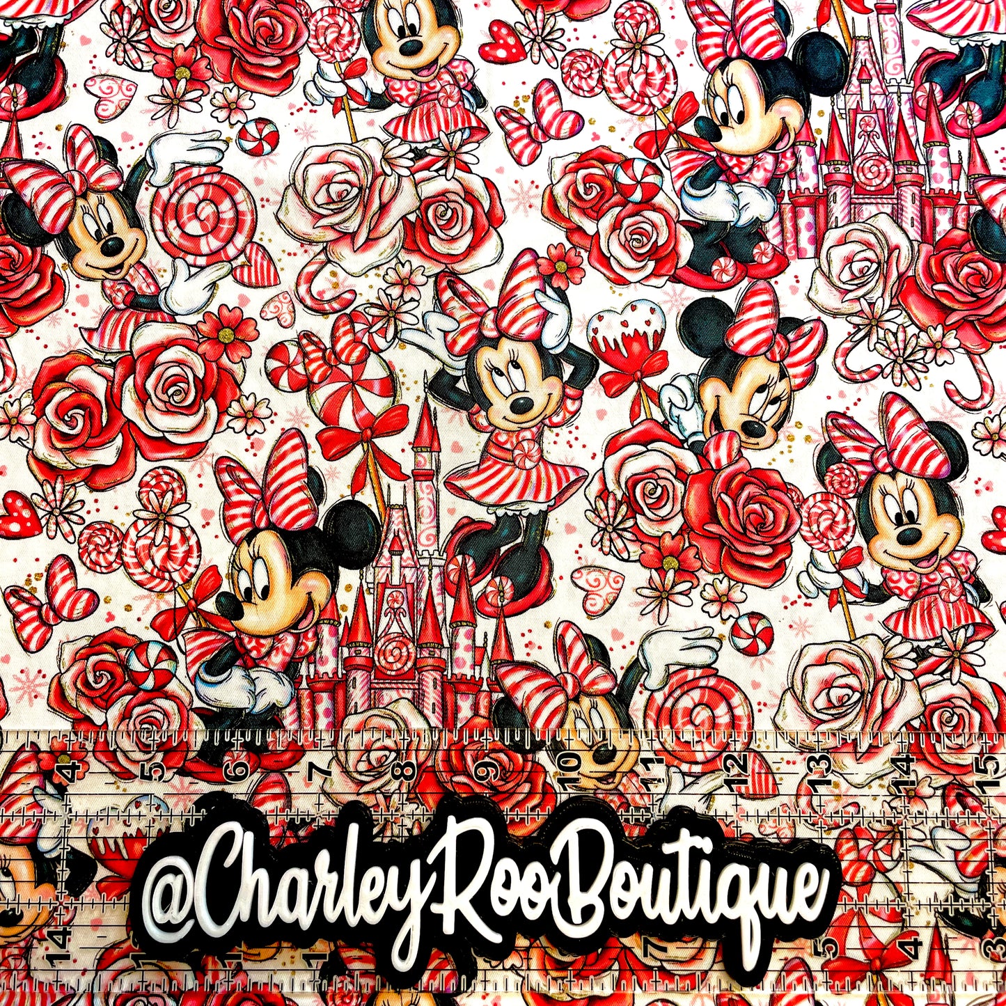 9x14 Tumbler Cut, Custom Fabric, CW Cotton Woven, High Quality, Mask Cut, Tumbler Fabric, Christmas, Xmas, Peppermint Minnie with Castles