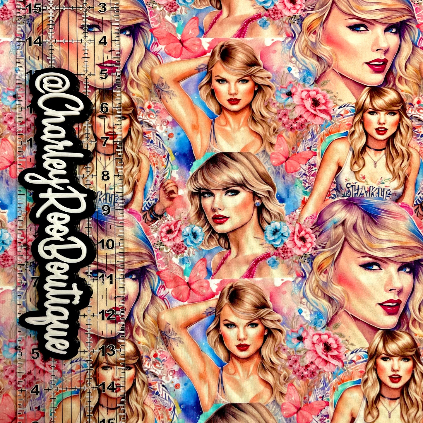 Exclusive, 9x14 Tumbler Cut, Custom Fabric, CottonSpandex, High Quality, Tumbler Fabric, Swiftie, Pink & Blue Floral TSwift, Larger Scale