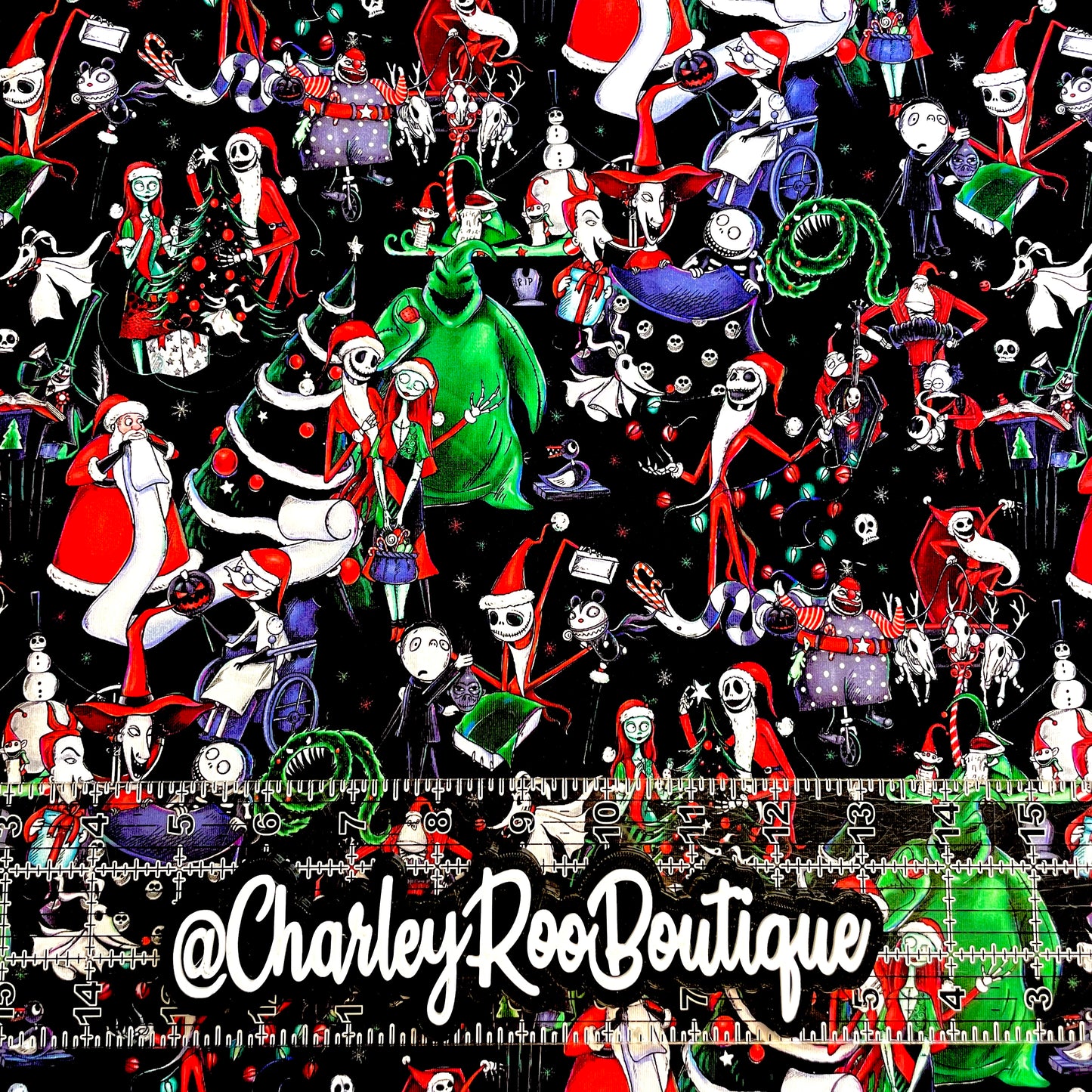 9x14 Tumbler Cut, Custom Fabric, CottonSpandex, High Quality, Mask Cut, Tumbler Fabric, Halloween, Christmas Town on Black, NBC