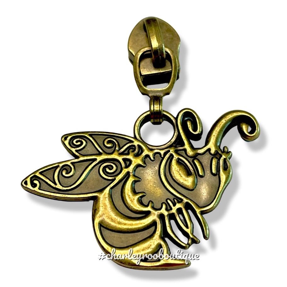 Zipper Pull, Large Bee, Cute, Antique Brass
