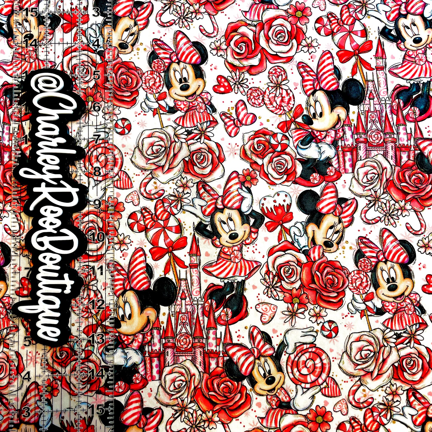 9x14 Tumbler Cut, Custom Fabric, CW Cotton Woven, High Quality, Mask Cut, Tumbler Fabric, Christmas, Xmas, Peppermint Minnie with Castles