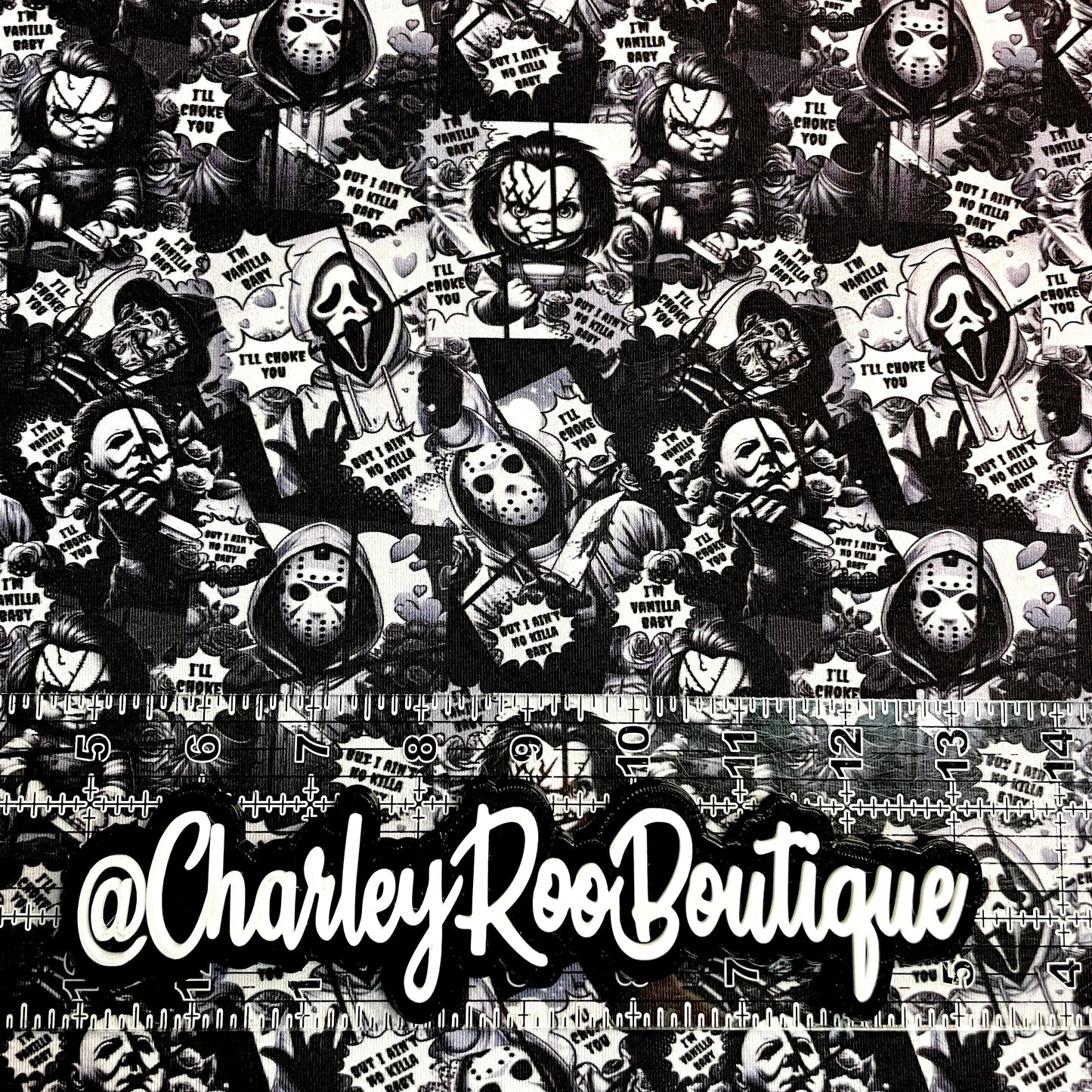Exclusive, 9x14 Tumbler Cut, Custom Fabric, CottonSpandex, High Quality, Tumbler Fabric, Horror, Vanilla Baby, Black & White
