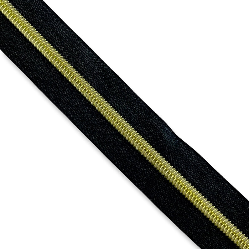 36” Cut of Zipper Tape, One Yard, Black Tape, Gold, Nylon