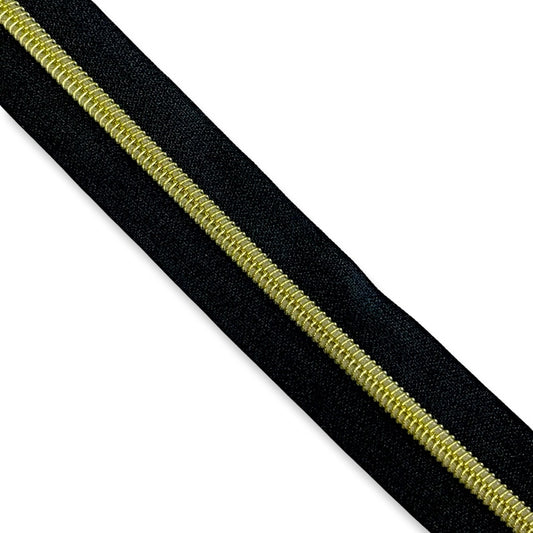 36” Cut of Zipper Tape, One Yard, Black Tape, Gold, Nylon