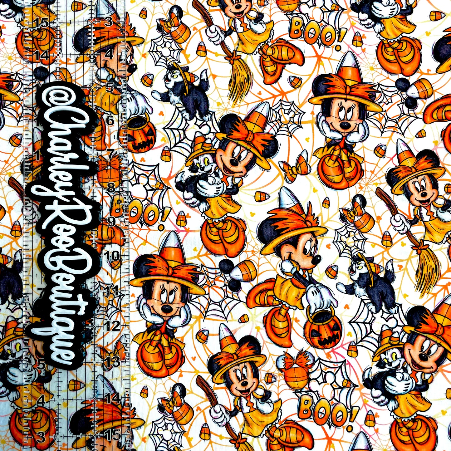 9x14 Tumbler Cut, Custom Fabric, CottonSpandex, High Quality, Tumbler Fabric, Fall, Halloween, Candy Corn Minnie