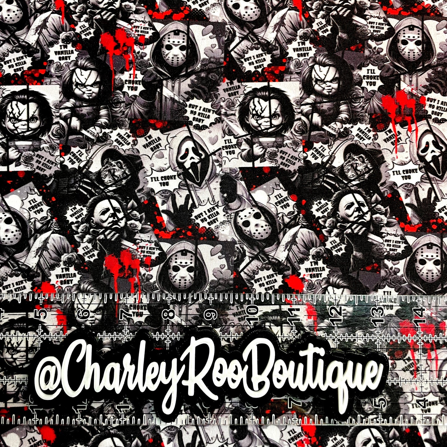 Exclusive, 9x14 Tumbler Cut, Custom Fabric, CottonSpandex, High Quality, Tumbler Fabric, Horror, Vanilla Baby, Black & White with Blood Splatter
