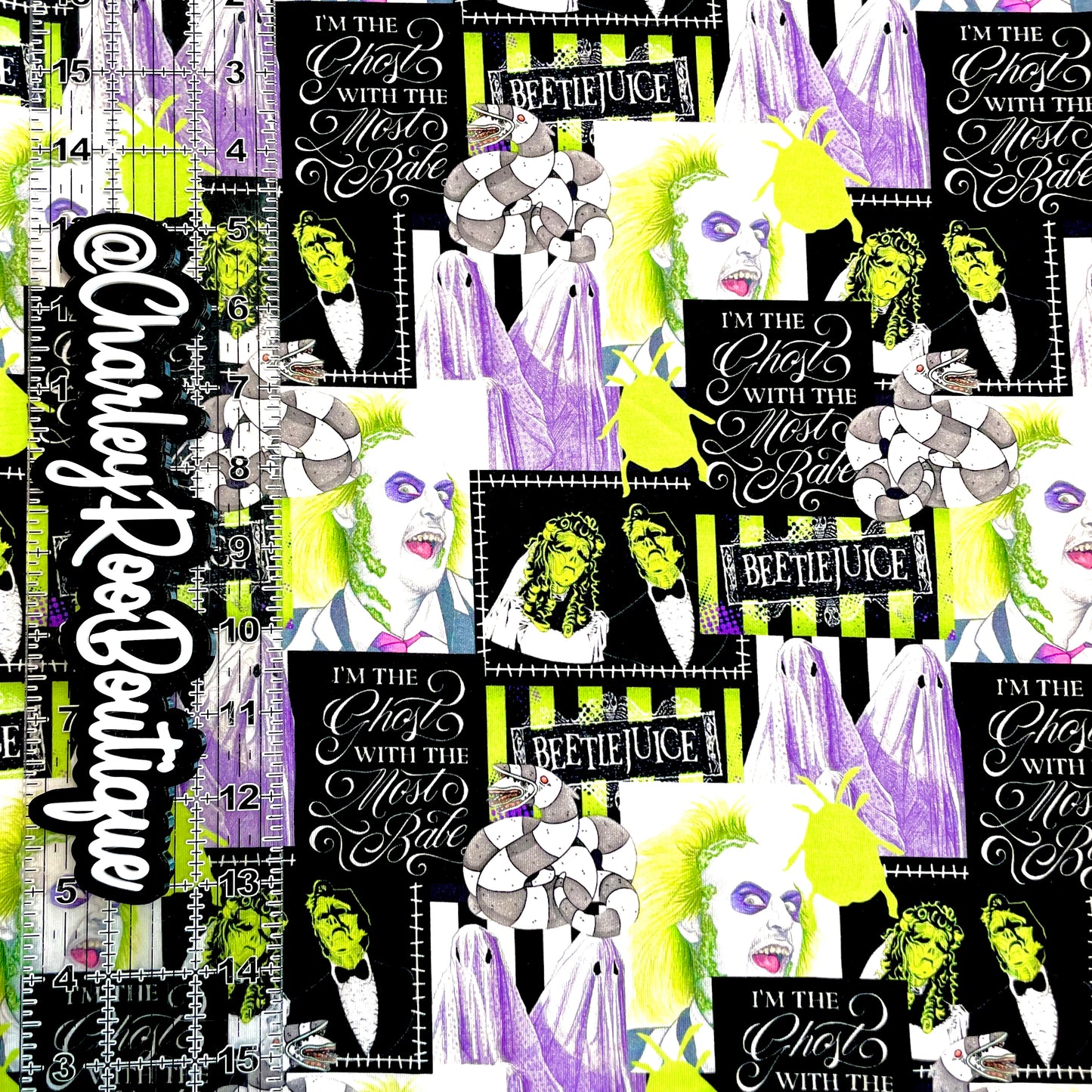 9x14 Tumbler Cut, Custom Fabric, CottonSpandex, High Quality, Mask Cut, Tumbler Fabric, Beetlejuice, Lime and Purple