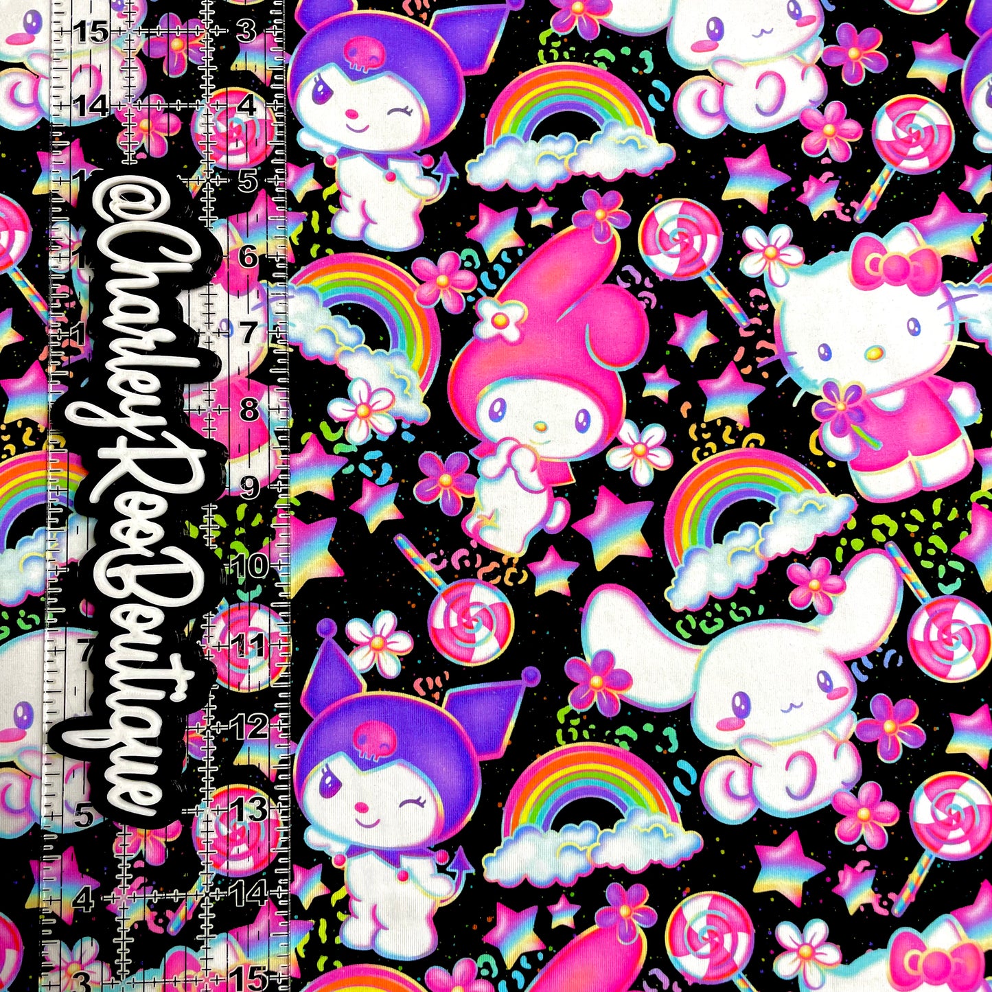 9x14 Tumbler Cut, Custom Fabric, CottonSpandex, High Quality, Mask Cut, Tumbler Fabric, Kitty, Sanrio Candy Cuties on Black