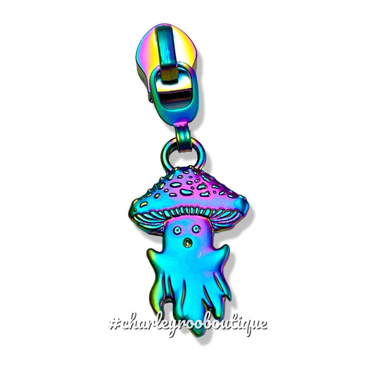 Zipper Pull, Spooky Mushroom Ghost, Matte Rainbow