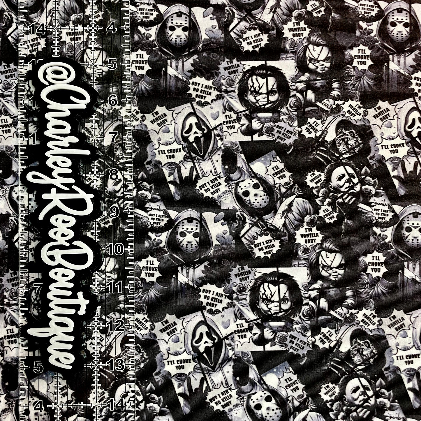 Exclusive, 9x14 Tumbler Cut, Custom Fabric, CottonSpandex, High Quality, Tumbler Fabric, Horror, Vanilla Baby, Black & White