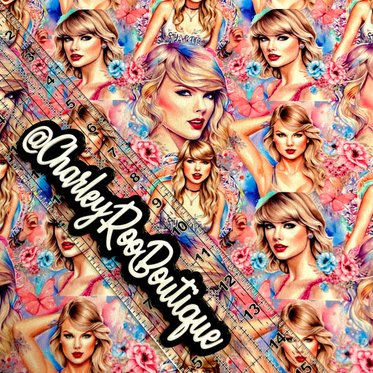 Exclusive, 9x14 Tumbler Cut, Custom Fabric, CottonSpandex, High Quality, Tumbler Fabric, Swiftie, Pink & Blue Floral TSwift, Smaller Scale