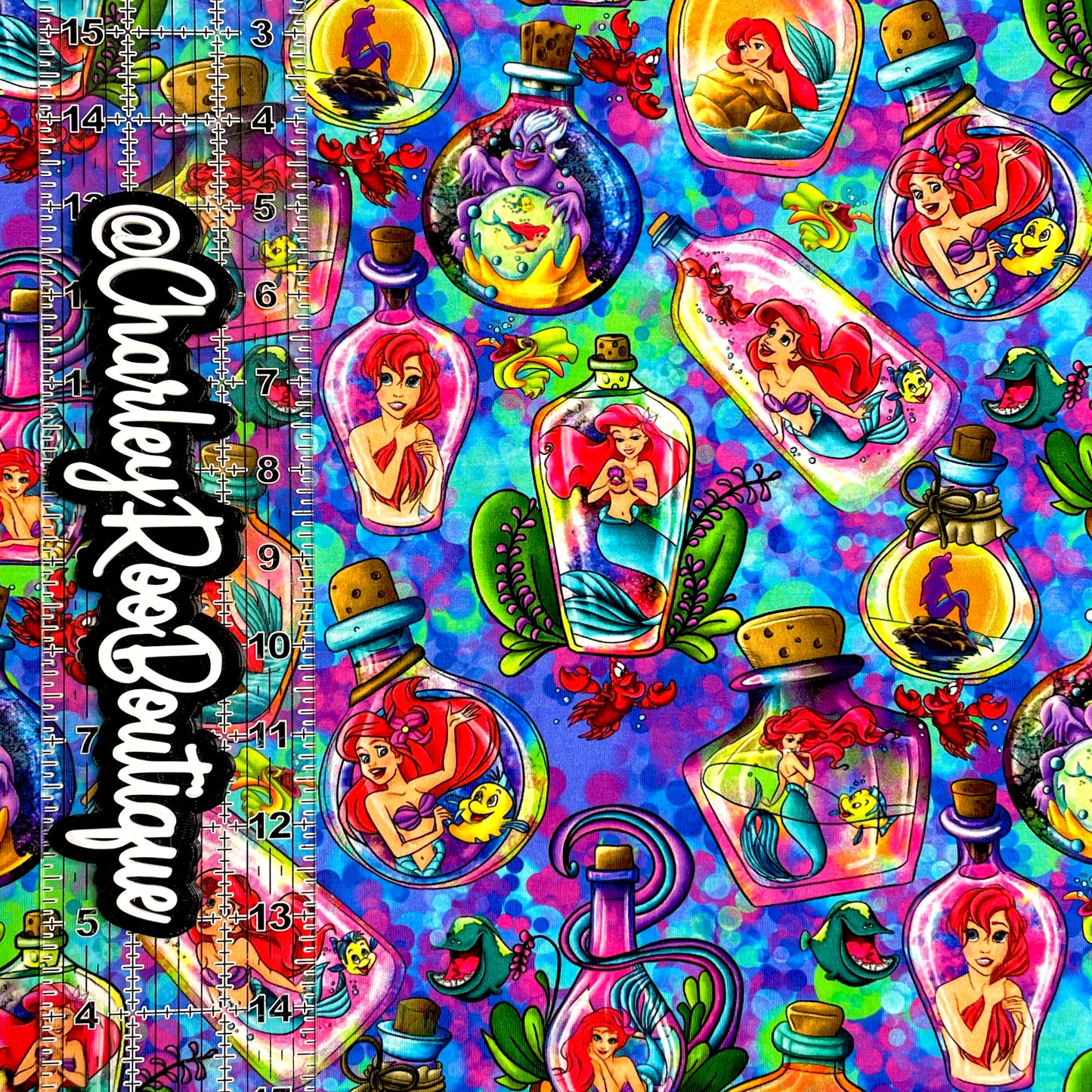 9x14 Tumbler Cut, Custom Fabric, CottonSpandex, High Quality, Mask Cut, Tumbler Fabric, Princess, Blue Mermaid Bottle, Ariel
