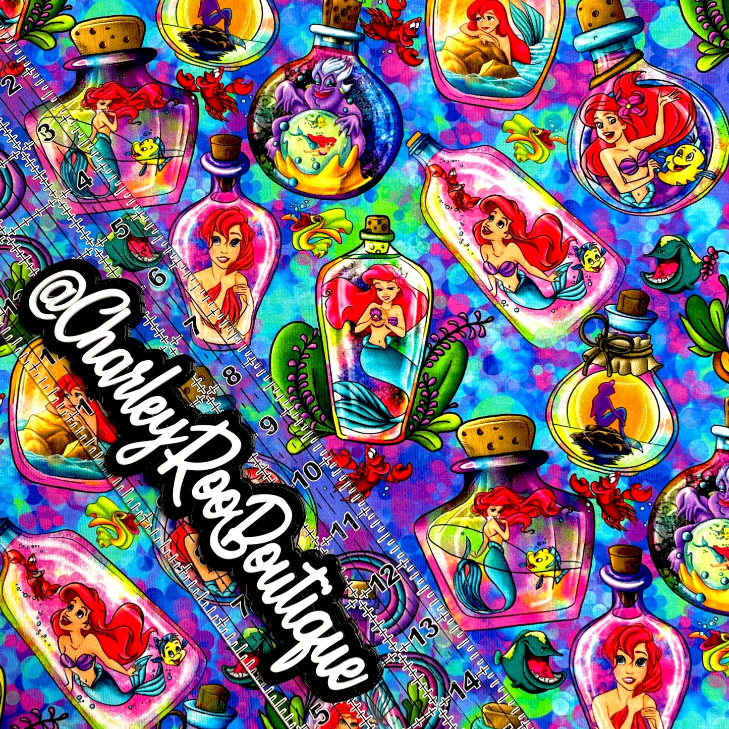 9x14 Tumbler Cut, Custom Fabric, CottonSpandex, High Quality, Mask Cut, Tumbler Fabric, Princess, Blue Mermaid Bottle, Ariel