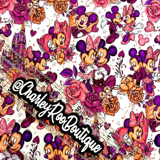 9x14 Tumbler Cut, Custom Fabric, CottonSpandex, High Quality, Mask Cut, Tumbler Fabric, Minnie, Blushing Mouse Main, Purple, Beautiful