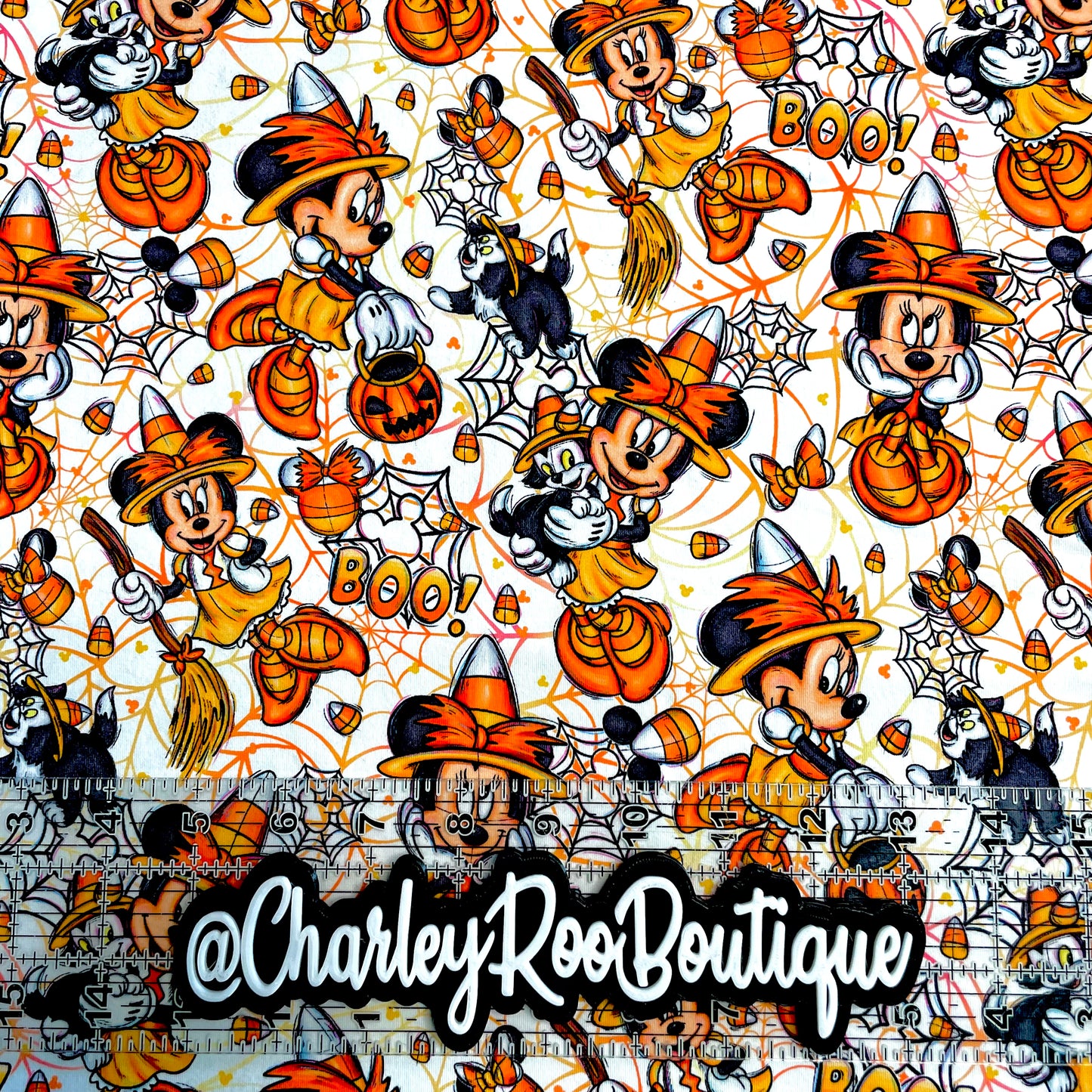 9x14 Tumbler Cut, Custom Fabric, CottonSpandex, High Quality, Tumbler Fabric, Fall, Halloween, Candy Corn Minnie