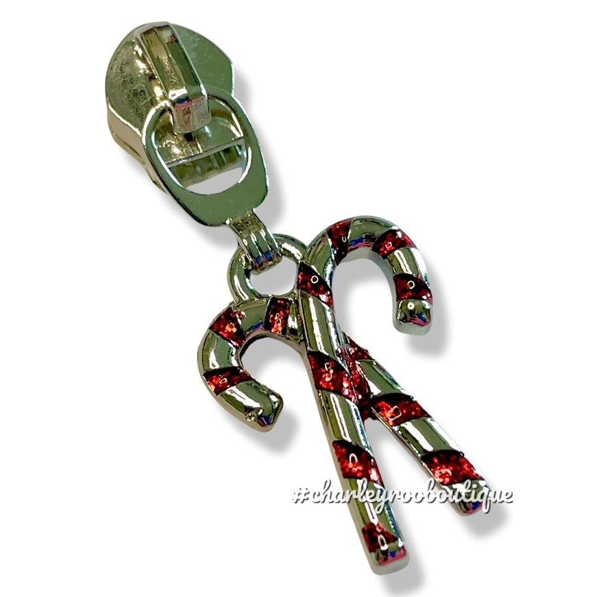 Zipper Pull, Candy Canes, Antique Silver and Red Glitter