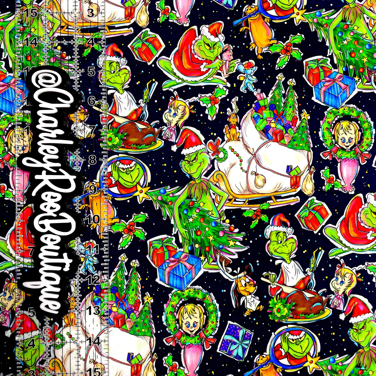 9x14 Tumbler Cut, Custom Fabric, CottonSpandex, High Quality, Mask Cut, Tumbler Fabric, Christmas, Xmas, Grinch, Who-Ville, Black