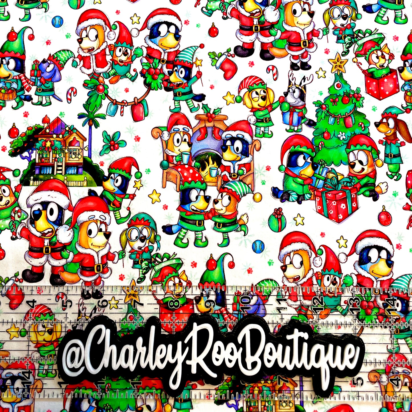 9x14 Tumbler Cut, Custom Fabric, CottonSpandex, High Quality, Mask Cut, Tumbler Fabric, Bluey, Christmas, White, New