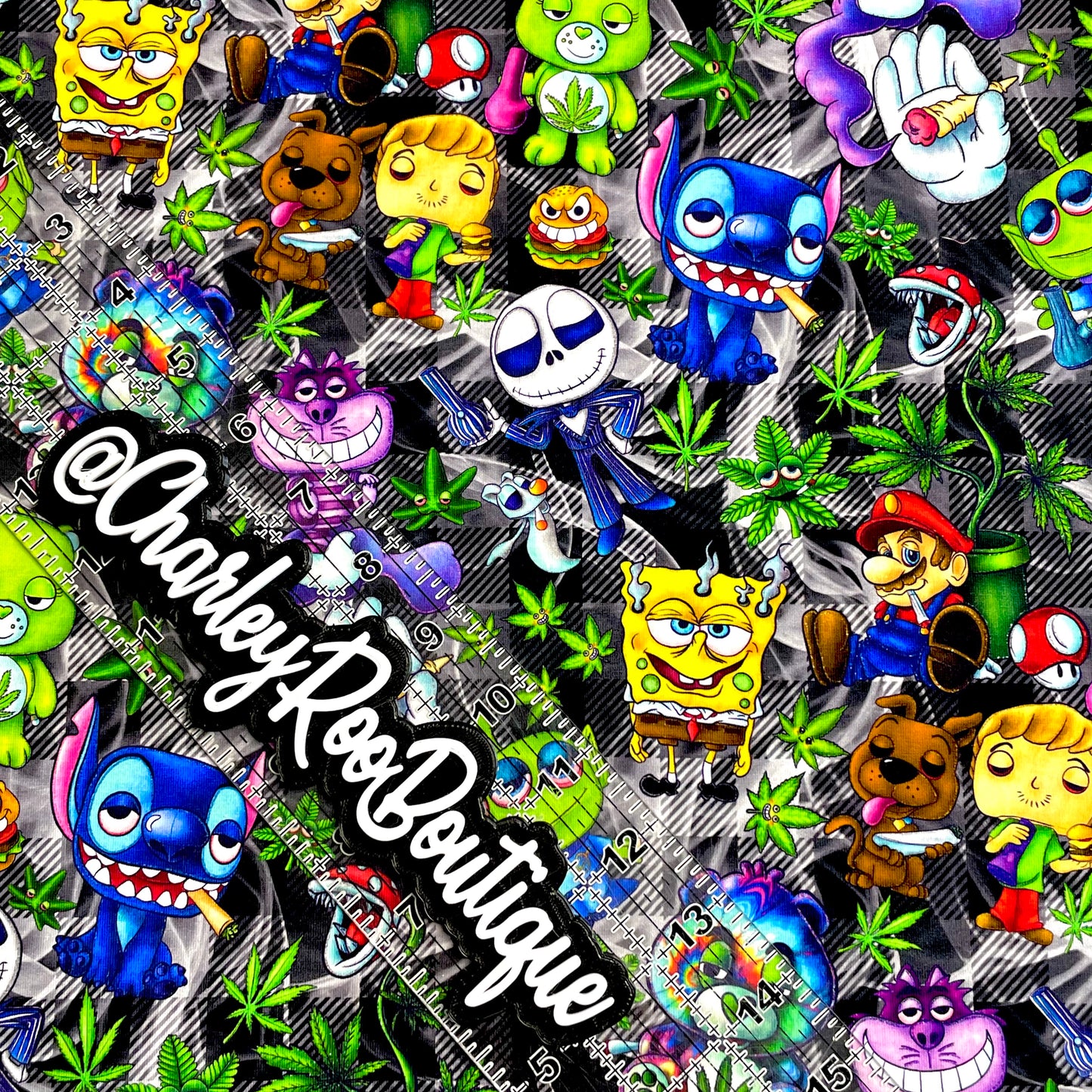 9x14 Tumbler Cut, Custom Fabric, CottonSpandex, High Quality, Mask Cut, Tumbler Fabric, Weed, Smokey Plaid, Stoner Toons