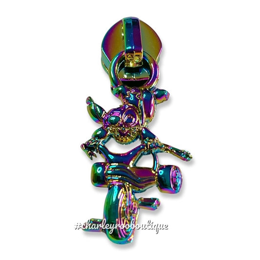 Zipper Pull, Stitch on Tricycle, Rainbow