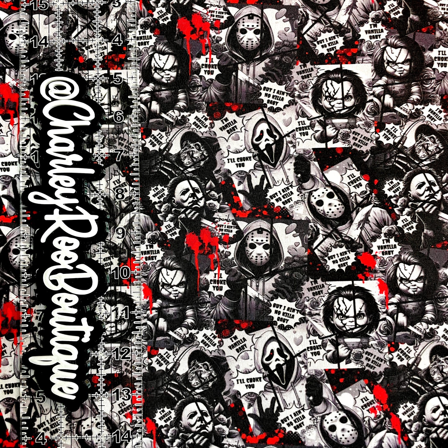 Exclusive, 9x14 Tumbler Cut, Custom Fabric, CottonSpandex, High Quality, Tumbler Fabric, Horror, Vanilla Baby, Black & White with Blood Splatter