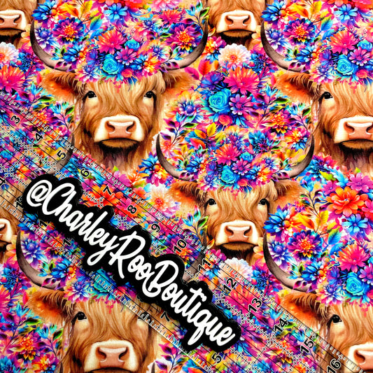 Exclusive, 9x14 Tumbler Cut, Custom Fabric, CottonSpandex, High Quality, Tumbler Fabric, Vibrant Floral, Highland Cows