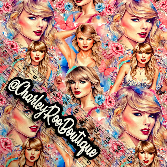 Exclusive, 9x14 Tumbler Cut, Custom Fabric, CottonSpandex, High Quality, Tumbler Fabric, Swiftie, Pink & Blue Floral TSwift, Larger Scale