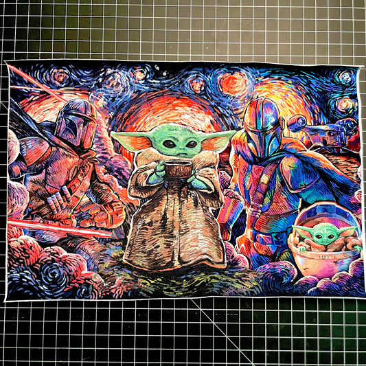 9x14 Tumbler Cut, Custom Fabric, CottonSpandex, High Quality, Mask Cut, Tumbler Fabric, Child, Space, Star, Wars, Starry Mandalorian Night, Precut