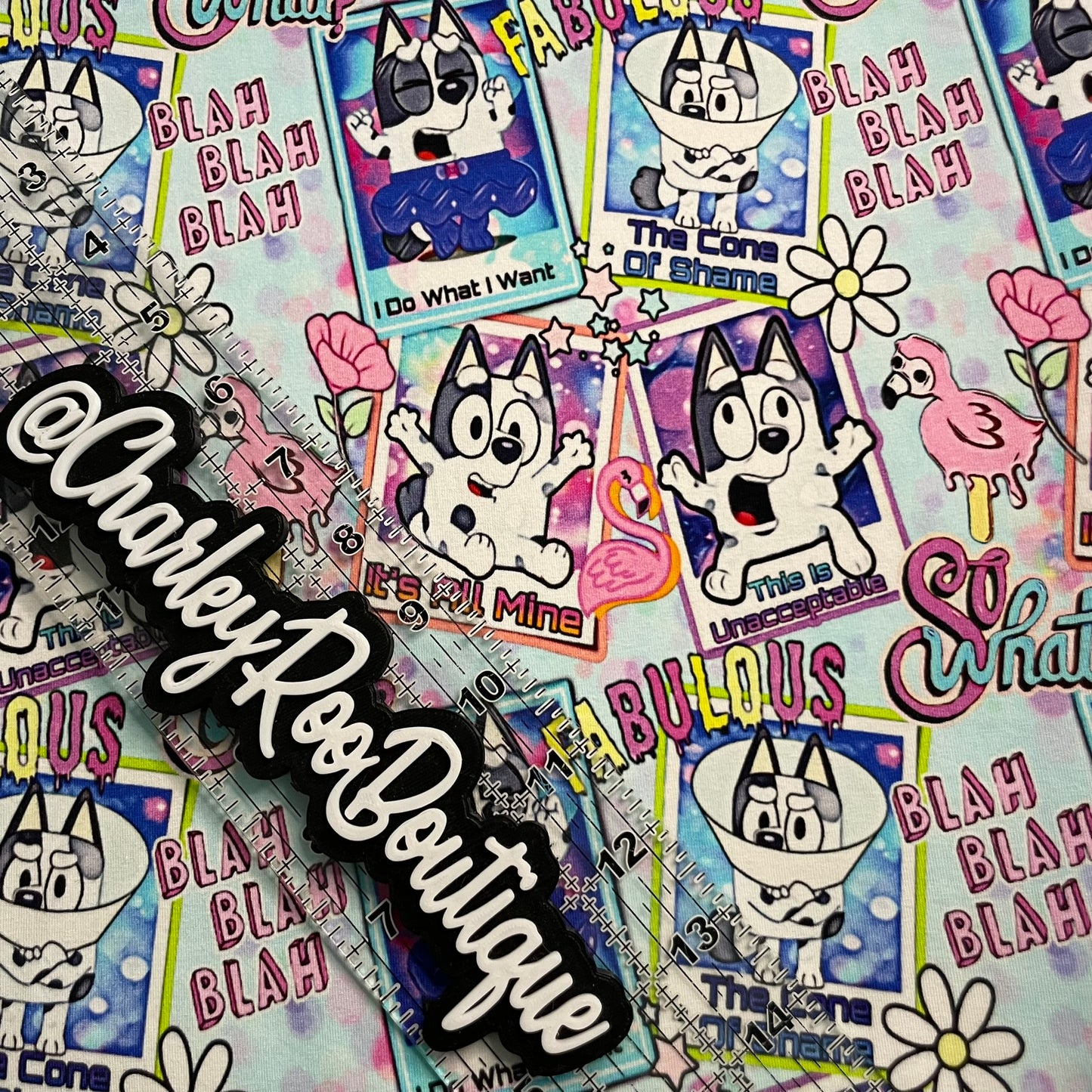 9x14 Tumbler Cut, Custom Fabric, CottonSpandex, High Quality, Tumbler Fabric, Bluey, Cranky Muffin