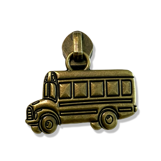 Zipper Pull, School Bus, Antique Brass