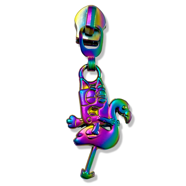 Zipper Pull, Bluey, Muffin on Flamingo, Rainbow Matte