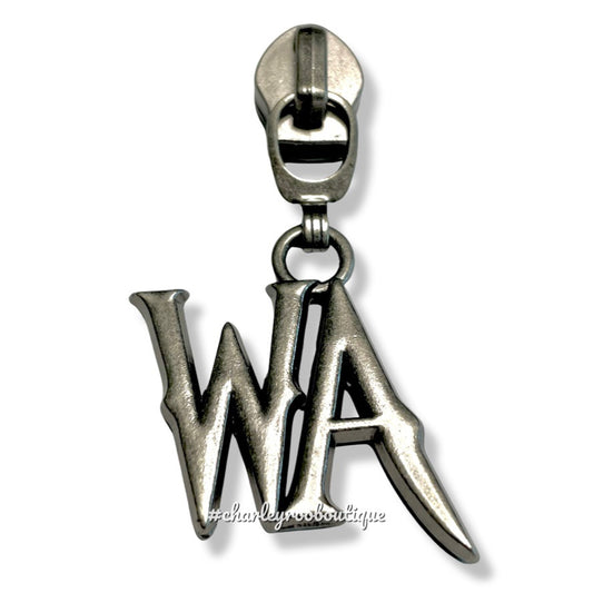 Zipper Pull, WA Initials, Wednesday, Antique Silver