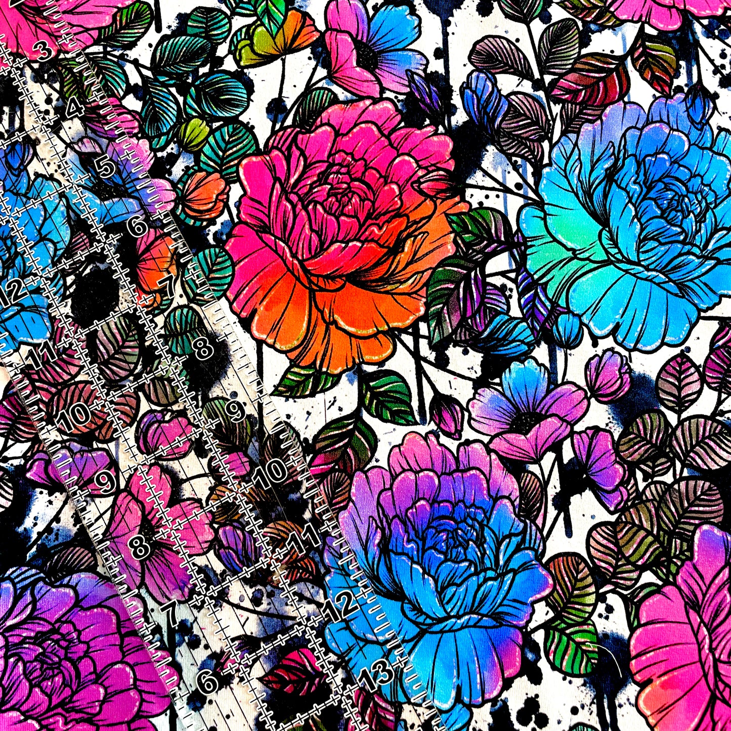 9x14 Tumbler Cut, Custom Fabric, CottonSpandex, High Quality, Mask Cut, Tumbler Fabric, Whim, Neon Rainbow Sketchy Floral